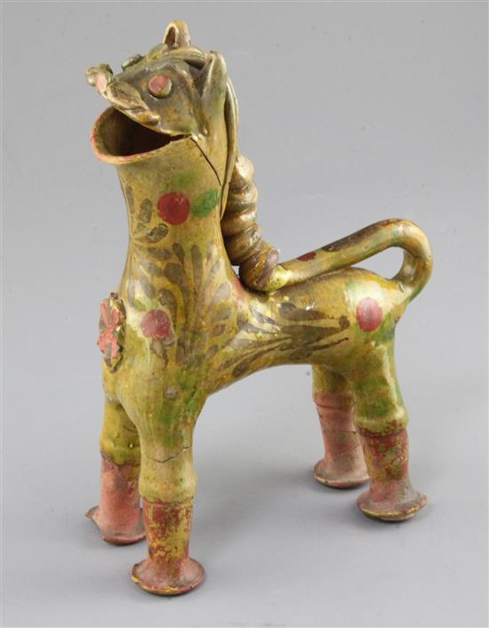 A Cannakale pottery Lion ewer, Turkey, 19th century, H. 25cm, repaired